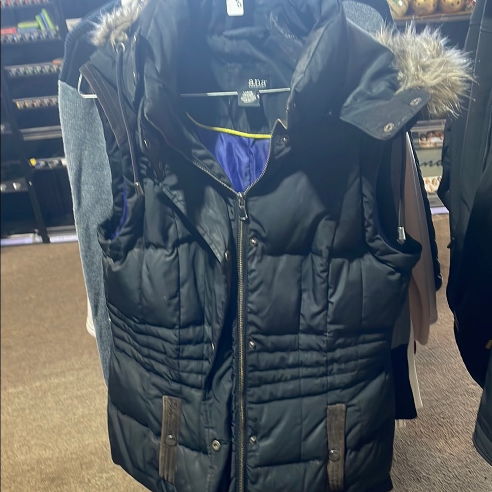 a.n.a. Black Puffer Vest with Faux Fur Trim